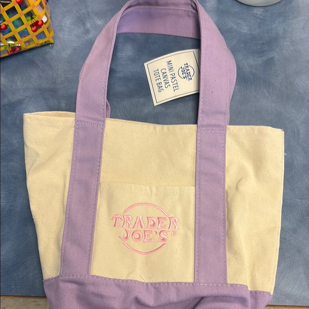 NWT Trader Joe’s Mini Pastel Canvas Tote Bag in purple/cream